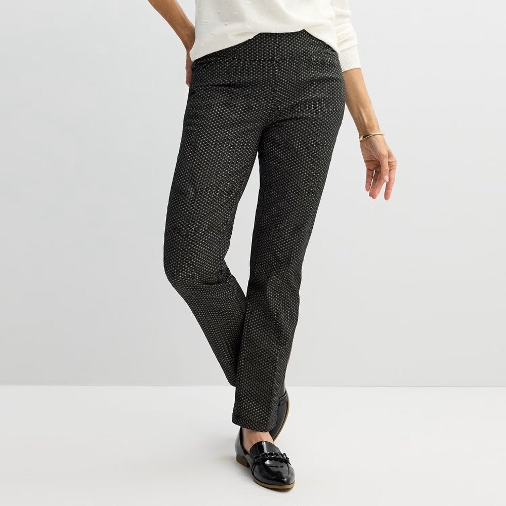 Croft & Barrow Effortless Stretch Pants 12 Petite Black Micro Geo Pull On Work